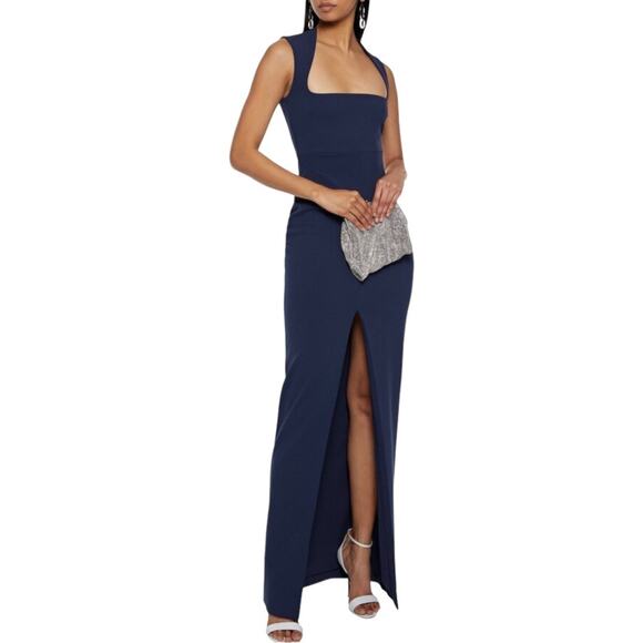 Solace London Sofia Stretch Crepe Front Slit Navy Maxi Dress Gown US 0
